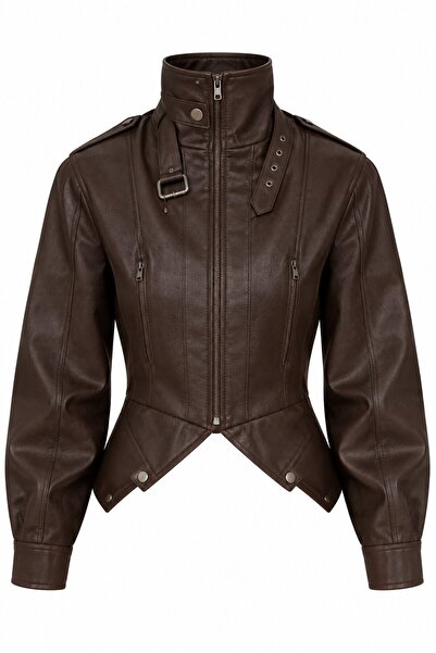 Laluvia Brown Collared Leather Jacket with Belt - 8680
