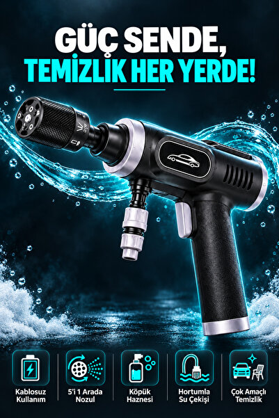 Kablosuz Şarjlı Basınçlı Oto Yıkama Tabancası 5’i 1 Arada Nozullu Köpük Hazneli Taşınabilir Araç Yıkama Makinesi