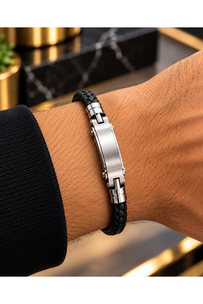 Satürn Silver Kuyumculuk Erkek Örgü Deri Bileklik – Çelik Plakalı Şık Bileklik