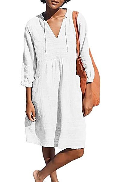GENERAL Lafural Womens V Neck Cotton Casual Loose Shift Tunic Smock Summer Dr...