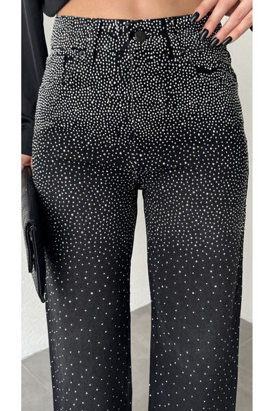 harmony factory Kadın Siyah Yüksek Bel Taş Detaylı Wide Leg Geniş Paça Jean Pantolon