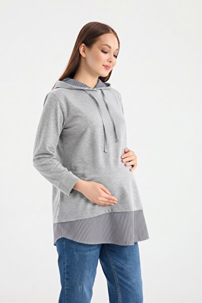 Entarim Hamile Kapüşonlu Sweatshirt Etek Ucu Çizgi Detaylı
