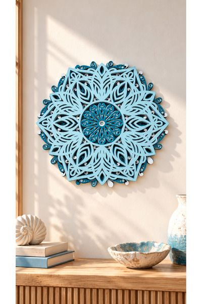 Floral Mandala Ahşap Duvar Dekoru Çok Katmanlı El İşçiliği Boyama 25 cm