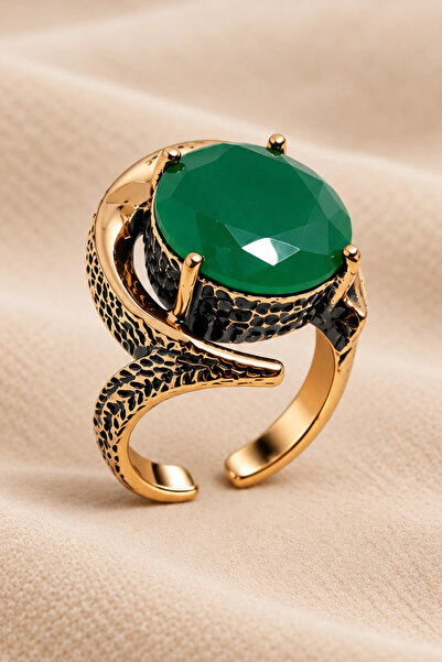 OSMANLI GÜMÜŞ Women's Copper Ring Authentic Green Ruby Natural Stone Adjustab...