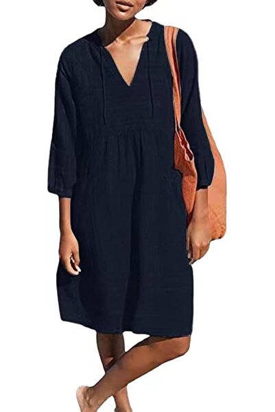 GENERAL Lafural Womens V Neck Cotton Casual Loose Shift Tunic Smock Summer Dr...