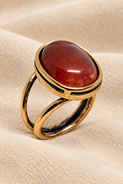 OSMANLI GÜMÜŞ Women's Copper Ring Round Red Agate Veined Natural Stone Adjust...