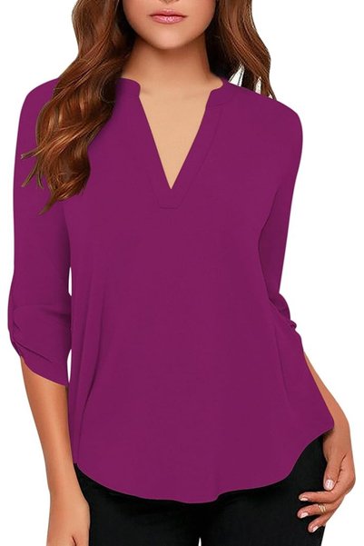 GENERAL roswear Women's Business Casual V Neck Cuffed Sleeves Work Blouse Top
