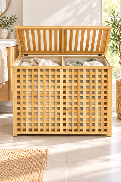 Karçiçeği Home Doğal Bambu 2 Bölmeli Kapaklı Kirli Çamaşır Sepeti 85×45×65 cm...