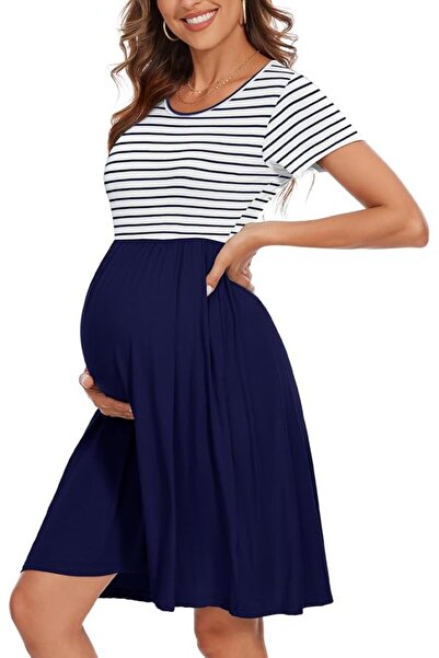 GENERAL Women's Short Sleeve Maternity Dress Patchwork Pregnancy Clothes with...