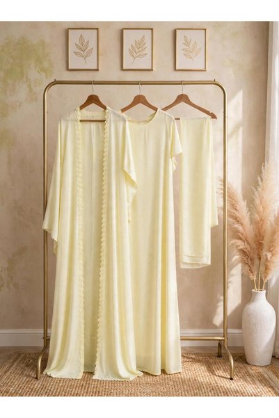 Musk Couture Lemon Lace - 3 Piece Premium Nida Abaya Set - Open Abaya + Inner Dress + Hijab