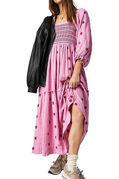 GENERAL ABYOVRT Women Floral Embroidered Maxi Dress Long Puff Sleeve Square N...