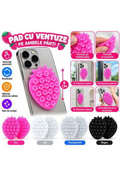 SHOP LIKE A PRO Suport Telefon cu Ventuze din Silicon, Formă Căpșună, Reutili...