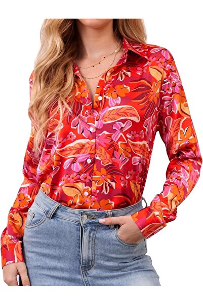 GENERAL Wrinkle-Resistant Silky Women Printed Button Down Shirt Long Sleeve