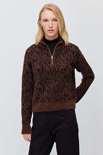 PAULMARK Women's Stand Collar Half Zipper Patterned Knitwear Sweater