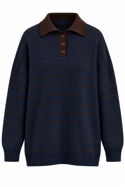 Laluvia Navy Blue Brown Striped Polo Collar Sweater - 2Y1510