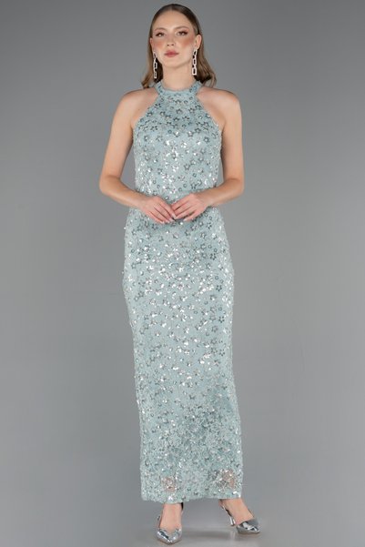 Abiyefon Mint Halter Yaka Uzun Pullu Dantel Abiye Elbise ABU6578