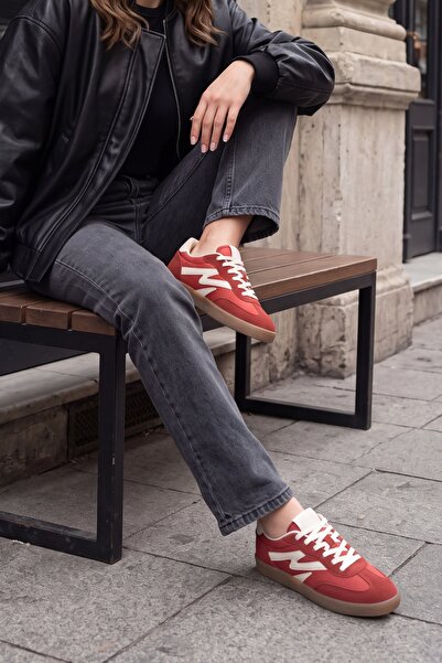Marjin Kadın Sneaker Bağcıklı Süet Spor Ayakkabı Starse Kırmızı