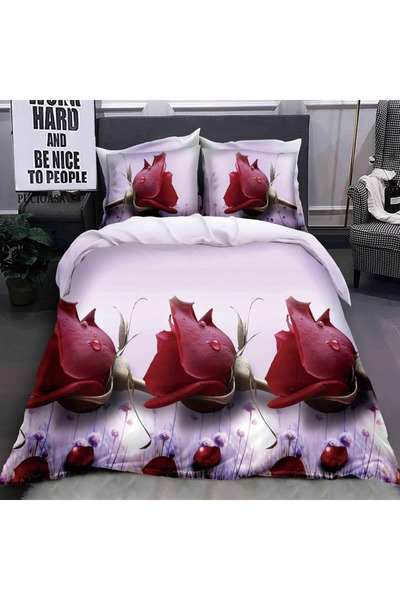 decorami Double bed linen with Stretchy, microfiber, 3D print, Lilac, roses