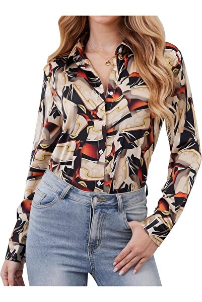 GENERAL Wrinkle-Resistant Silky Women Printed Button Down Shirt Long Sleeve