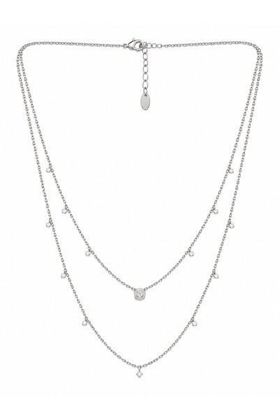 sacha Double Row Silver Necklace with Zircon Stone Detail