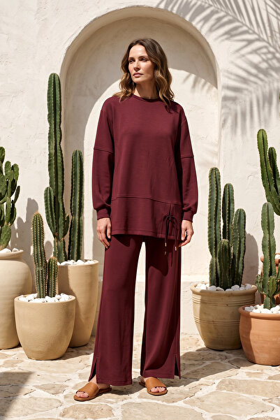 Levidor Bottom Lace Detail Pants Tracksuit Set 101091 Claret Red