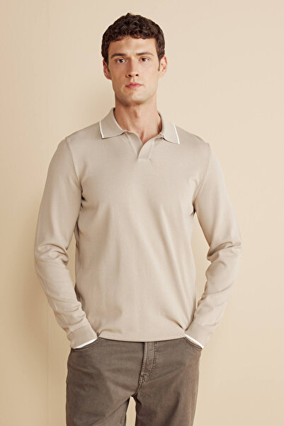 BROOKS BROTHERS Erkek Bej Düğmesiz Polo Yaka Etek ve Kol Ucu Çizgili Rayon Kazak