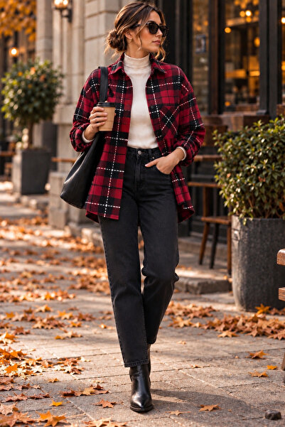 DIGOBRAS Kadın Oversize Ekose Oduncu Gömlek