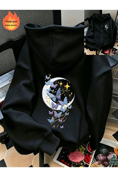 MITHRAS OUTDOORS Unisex Black Butterfly Moon Printed Zippered Sweatshirt Prin...