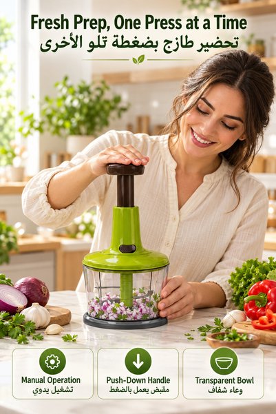 Baytix HOME قطاعة خضروات يدوية بمقبض ضغط، قطاعة طعام متعددة الشفرات مع وعاء ش...