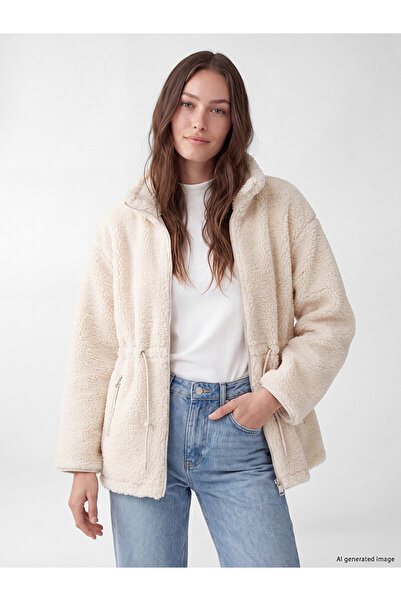 LC Waikiki Alita City Lcw Modest Beige Oversize Women's Plush Coat with a Dif...