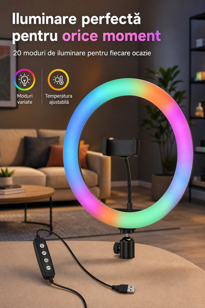 DeaL Macvi ®   Lumină inelară LED RGB de 30 cm, 20 de moduri de iluminare, Su...
