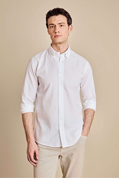 BROOKS BROTHERS Erkek Beyaz Düğmeli Yaka Slim Fit Gofre Gömlek