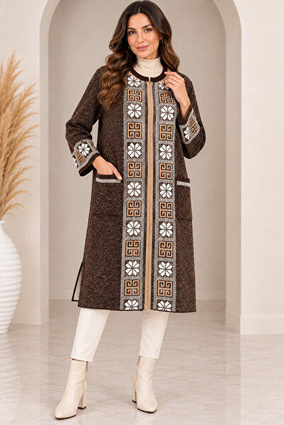 CNR TEKSTİL Women's Ethnic Patterned Zippered Long Knitwear Cardigan