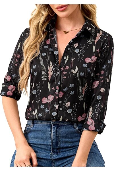 GENERAL Wrinkle-Resistant Silky Women Printed Button Down Shirt Long Sleeve