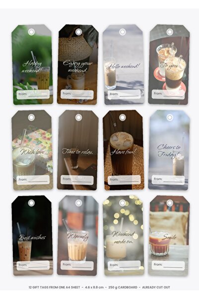 OEM Set 12 etichete cadou Salut Weekend, carton 250g, decupate, 4.6 x 8.8 cm