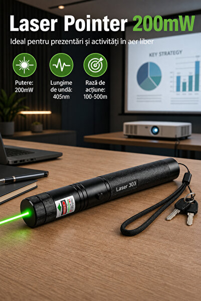 DeaL Macvi ®   Indicator laser 405nm, 200mW, Negru, Sistem de siguranță pentr...