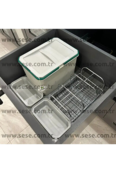 60cm Çekmece İçi Taşınabilir Sepetli Manuel Çöp Kovası 12+2 Lt Gri Tek Kova Modül 60cm (S-2533-G)