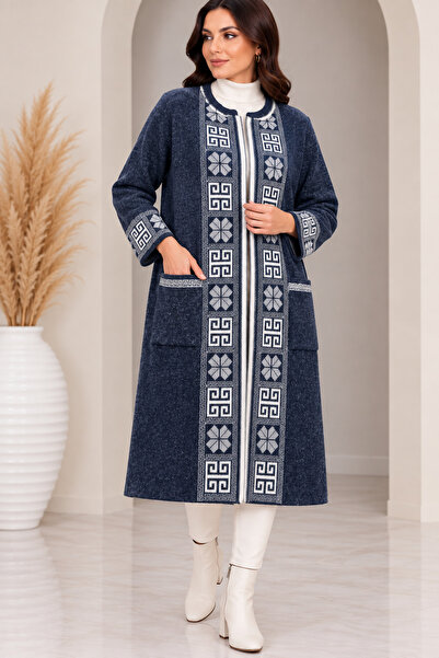 CNR TEKSTİL Women's Ethnic Patterned Zippered Long Knitwear Cardigan