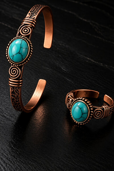 OSMANLI GÜMÜŞ Women's Copper Bracelet Ring Set with Turquoise (Turquoise) Nat...