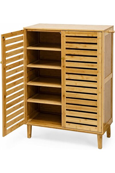 Generic Robust Bamboo Shoe Cabinet 5-Tier: Tall Shoe Storage with Doors & Ven...