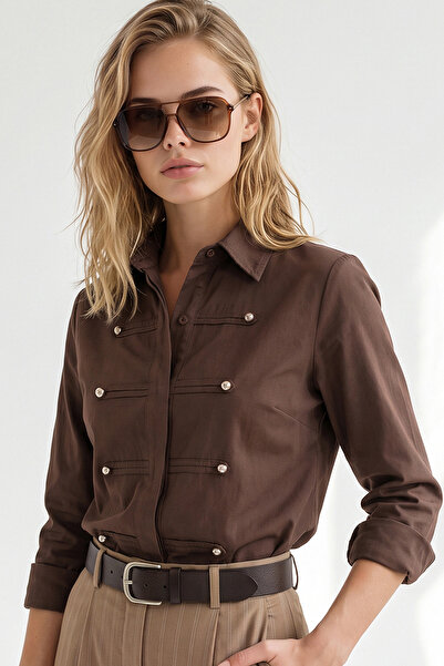 Olalook Women's Brown Napoleonic Button Detailed Gabardine Shirt Gml-19001461