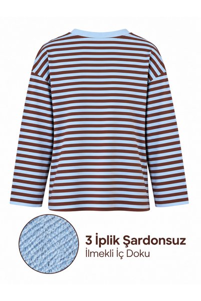 peri tower Women's Striped Crew Neck Casual 3 Thread Non-Embellished Sweatshirt 0267