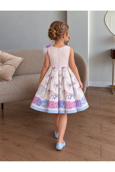 Lindissima Girl's Jacquard Patterned Dress with Detachable Flower Brooch and Pearl Detail