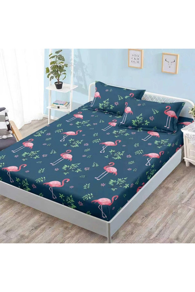 decorami Stretchy Sheet, 160x200 cm + 2 Pillowcases 50x70 cm, Petrol Blue, Fl...