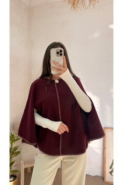 Hepsi Moda Shepherd's Stitch Detailed Poncho - 0018 - Claret Red