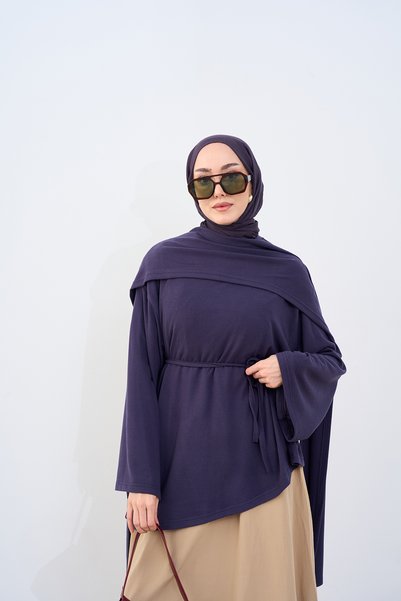 LOCCO Women's Asymmetrical Cut Shawl Detail Waist Tie Tunic Navy Blue