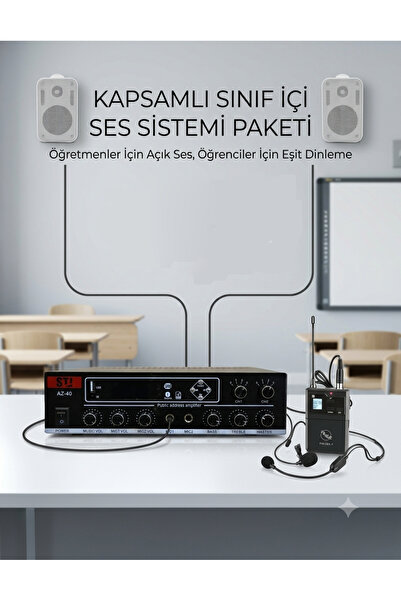 Sınıf İçi Ses Sistemi Paketi - Akıllı Tahta Uyumlu Bluetooth Amfi & Kablosuz Mikrofonlu (2 Hoparlör)