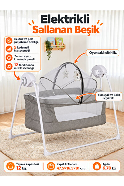 Anne YanıElektrikli Sallanan Bebek Beşiği 5 Kademeli Müzikli Zamanlayıcılı Oyuncaklı Cibinlikli Pilli Yataklı