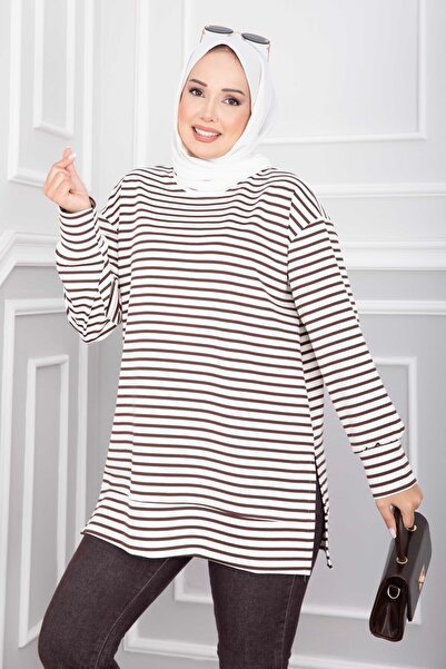 EBRUTESETTÜR Slit Detailed Striped Tunic Brown