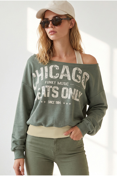 Olalook Women's Khaki Boat Neck Double Layer Sweatshirt Swt-19000806